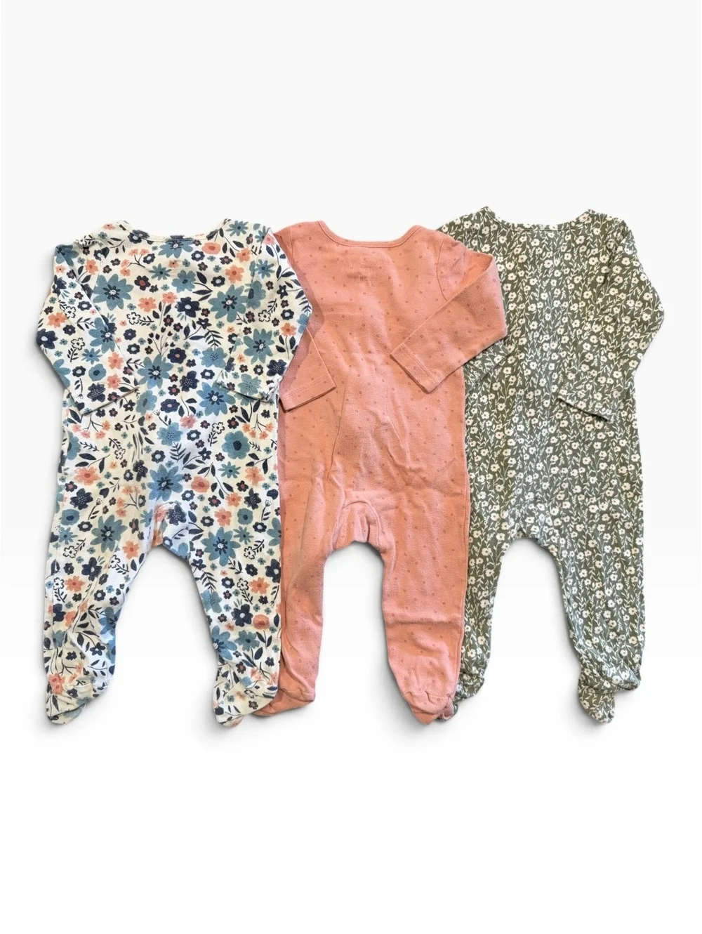 Set of 3 Carter's Baby Girl Footed Pajamas Size 9 Months Floral and Solid Colors